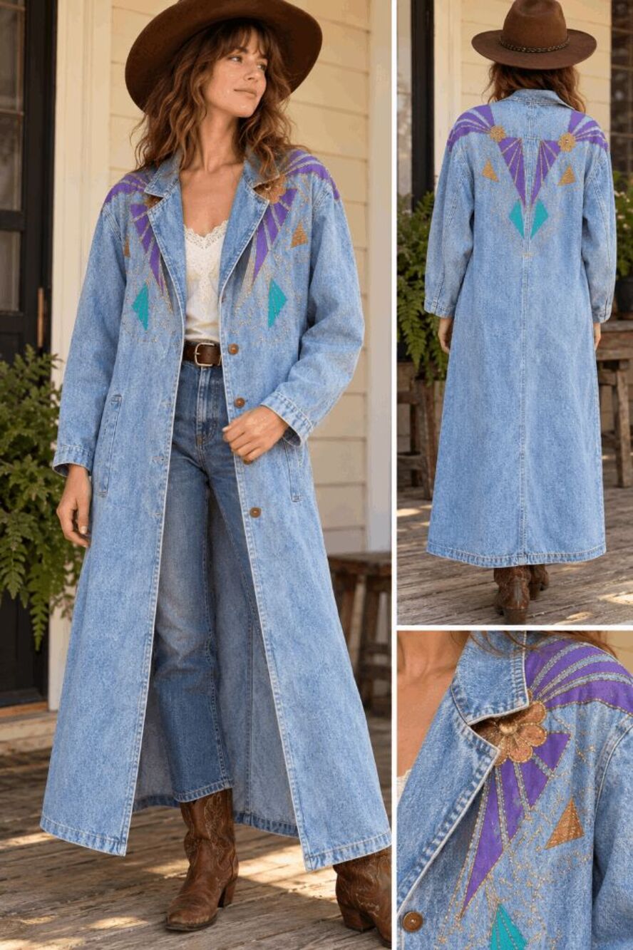 VTG 80s Sunbelt Denim Duster Coat Applique Glitter Western Wearable Art M/L